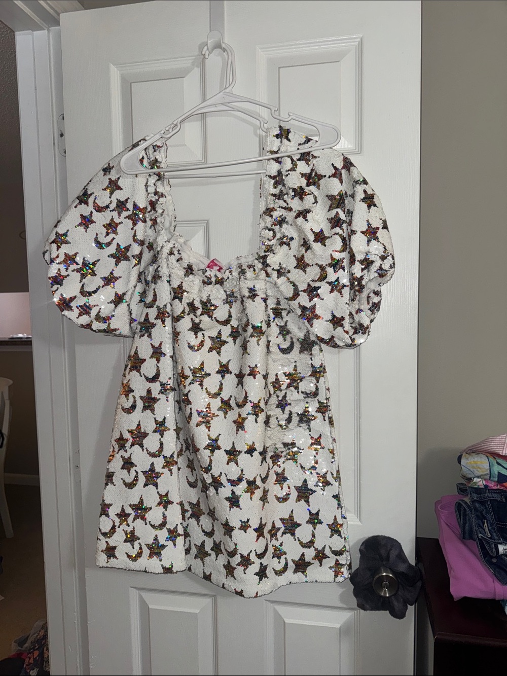 Buddy Love White Sequin Star & Moon Puff-Sleeve Mini Dress